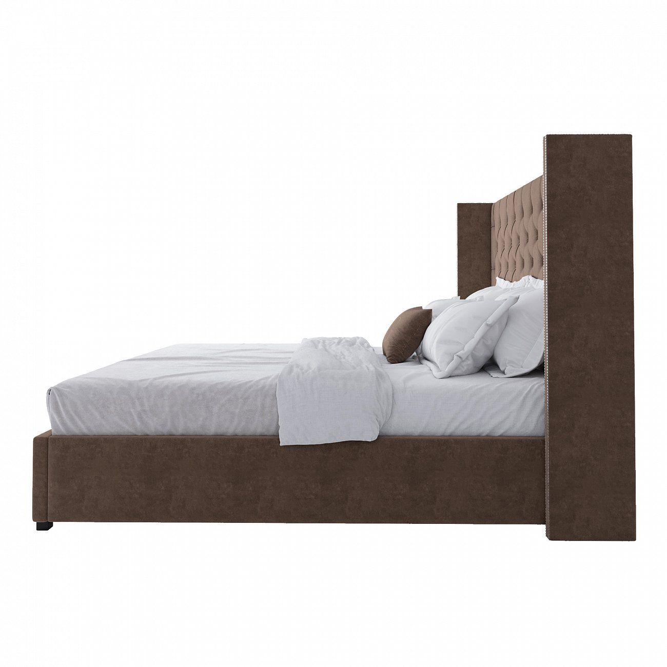 Кровать двуспальная 200х200 см коричневая с гвоздиками и каретной стяжкой Wing
