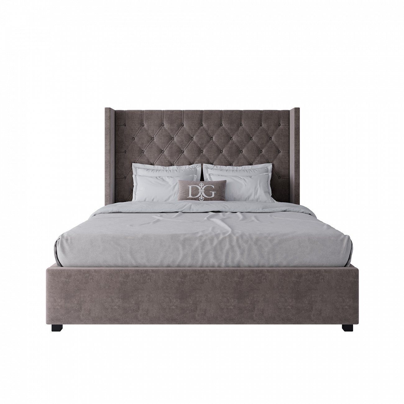 Кровать двуспальная 160х200 см серо-коричневая из велюра с каретной стяжкой без гвоздиков Wing-2