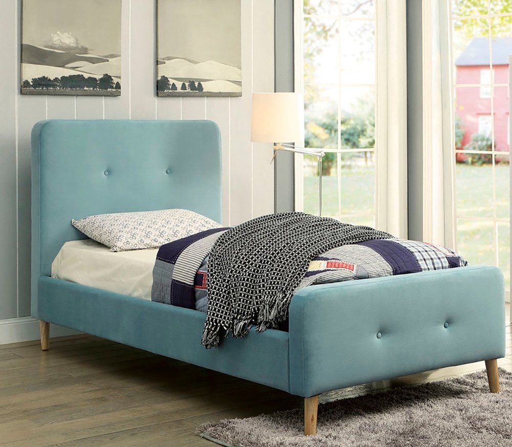 Single bed 90x200 cm Button Tufted Flannelette Blue Blue