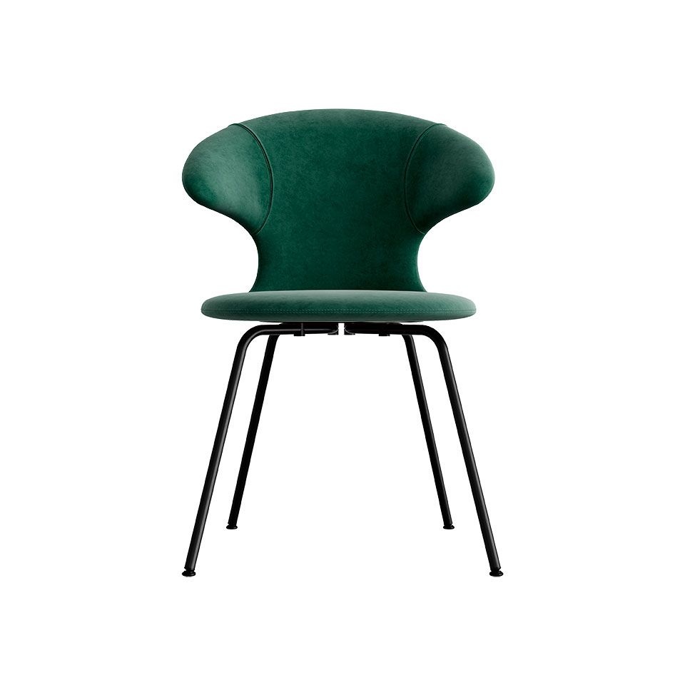 Time Flies chair, black legs, velour upholstery/ polyester green