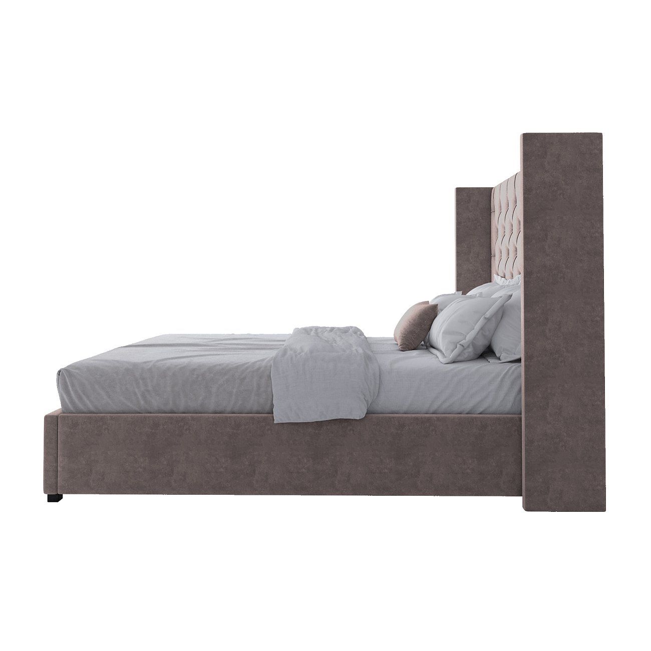 Кровать двуспальная 160х200 см серо-коричневая из велюра с каретной стяжкой без гвоздиков Wing-2