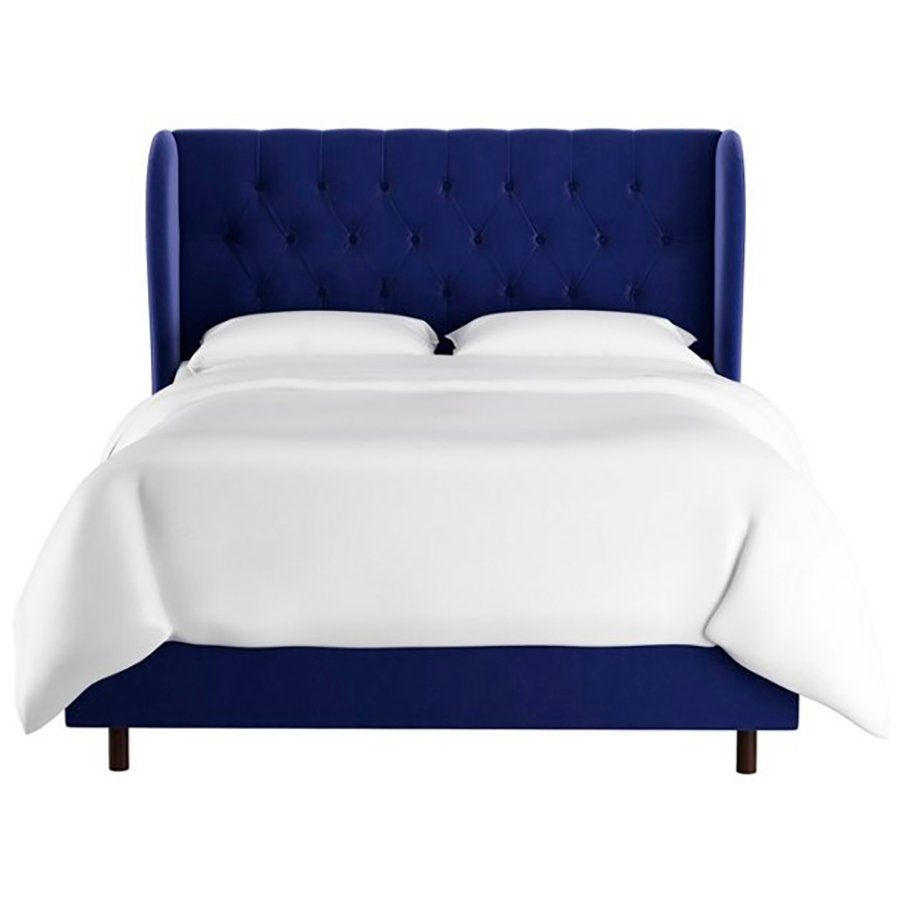 Double bed with upholstered headboard 180x200 cm blue Reed Wingback Blue Velvet