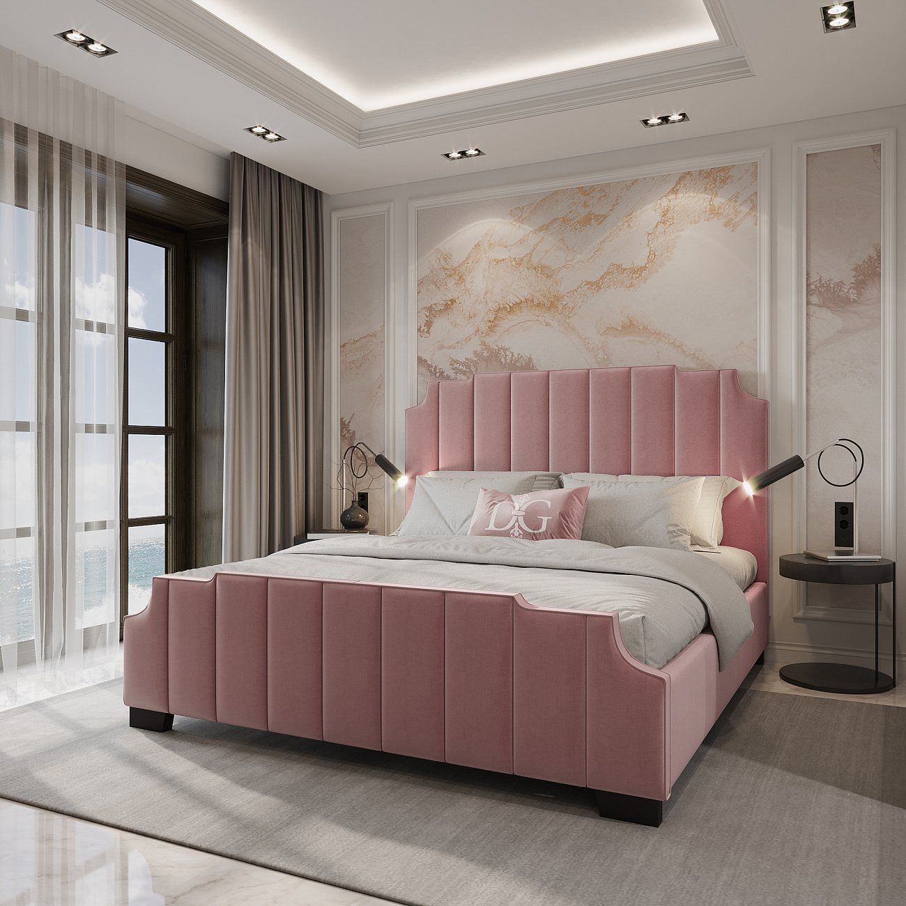 Кровать двуспальная с мягким изголовьем 180х200 см фиолетовая Bony