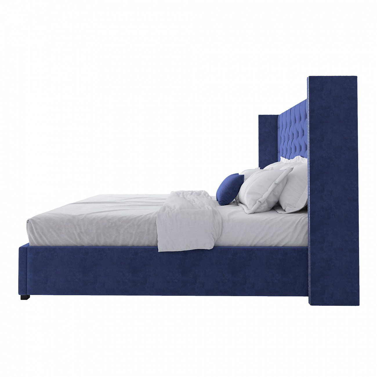 Кровать двуспальная 200х200 см синяя с гвоздиками и каретной стяжкой Wing