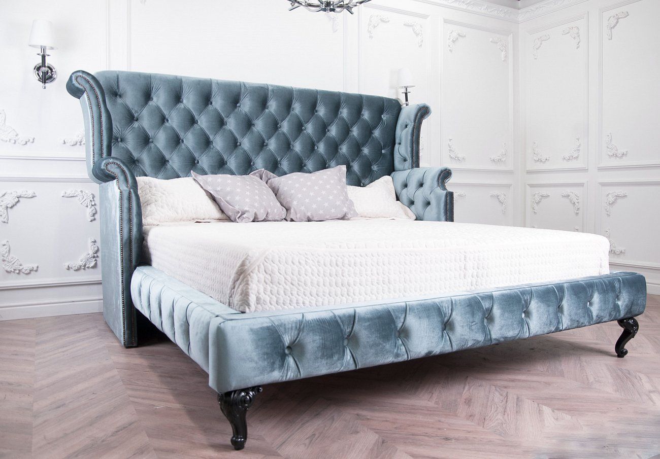 Double bed with upholstered headboard 180x200 cm blue Teomo