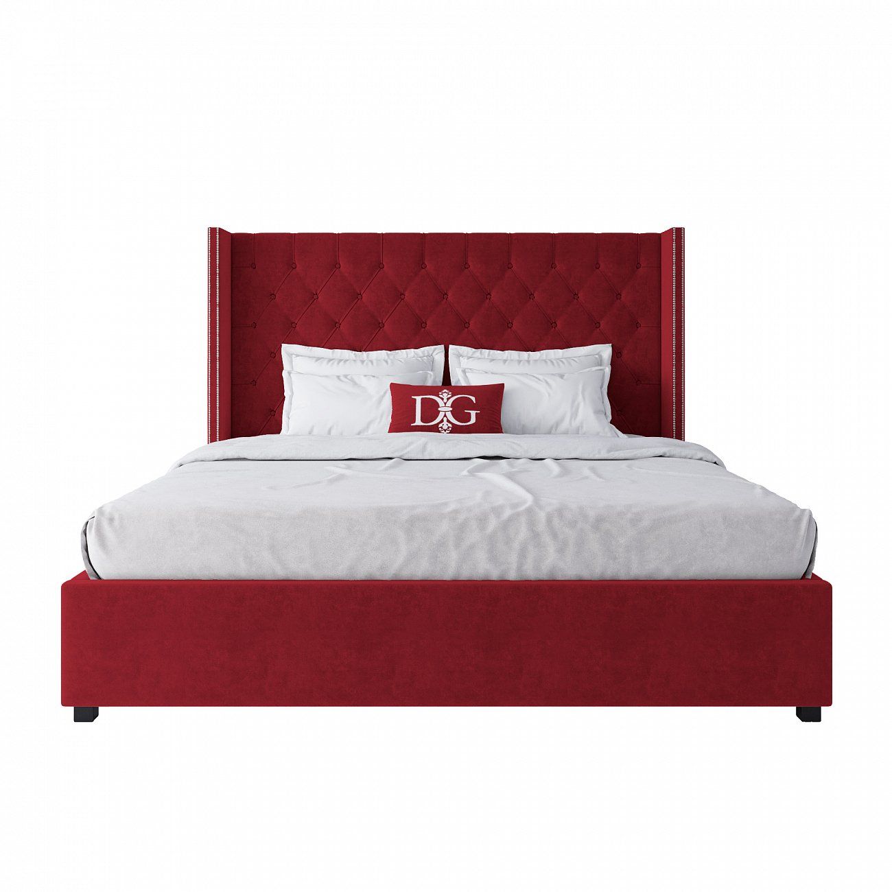 Кровать двуспальная 180х200 см красная из велюра с гвоздиками и каретной стяжкой Wing