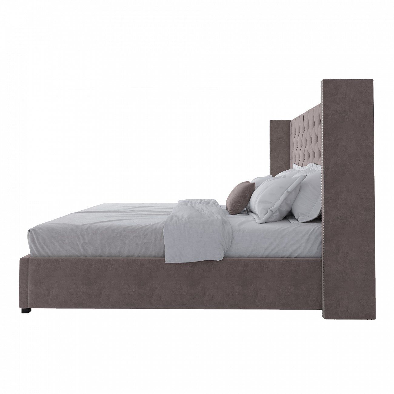 Кровать двуспальная 200х200 см серо-коричневая с гвоздиками и каретной стяжкой Wing