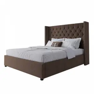 Кровать двуспальная 160х200 см коричневая из велюра с гвоздиками и каретной стяжкой Wing