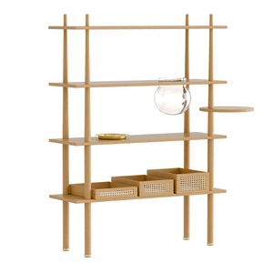 Shelving Stories 4 shelves, oak, incl. 3 wicker boxes and brass plate