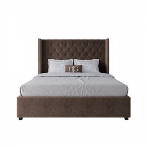 Кровать двуспальная 160х200 см коричневая из велюра с гвоздиками и каретной стяжкой Wing