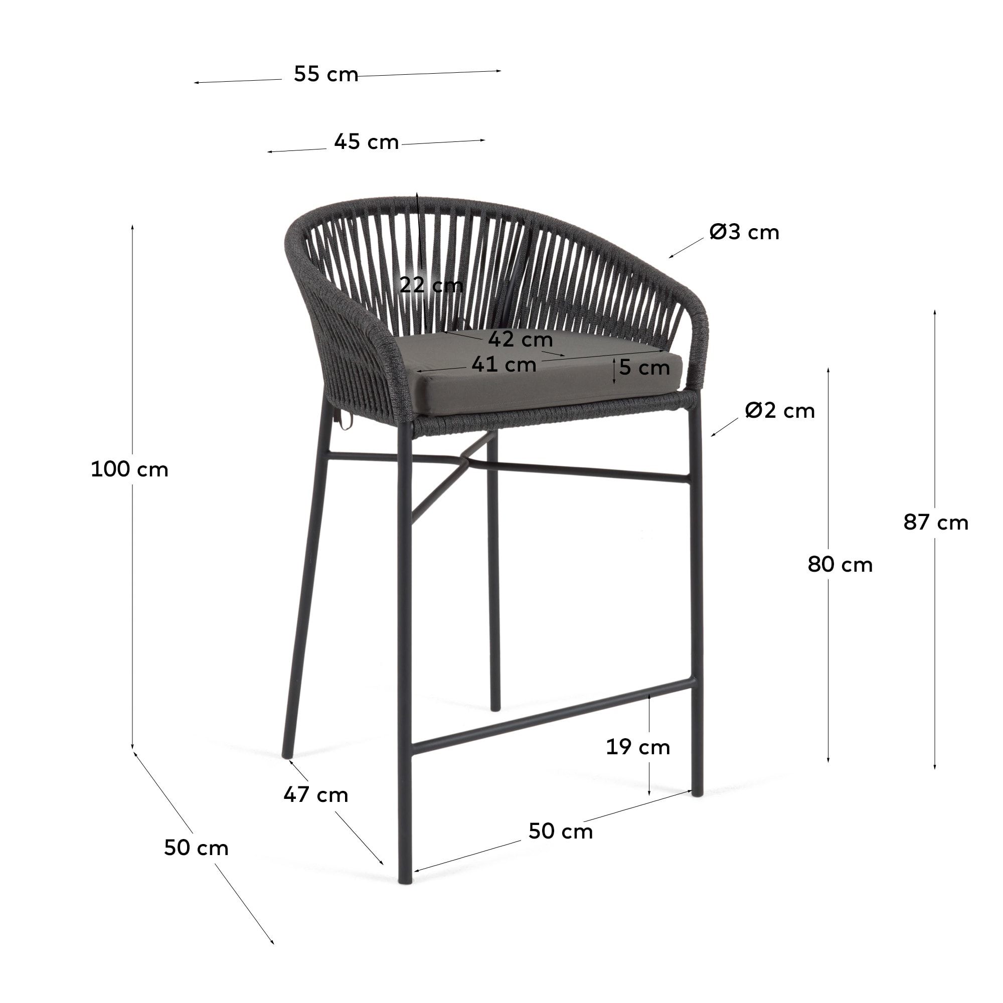 Веревочный барный стул Yanet черного цвета 80 см Yanet
