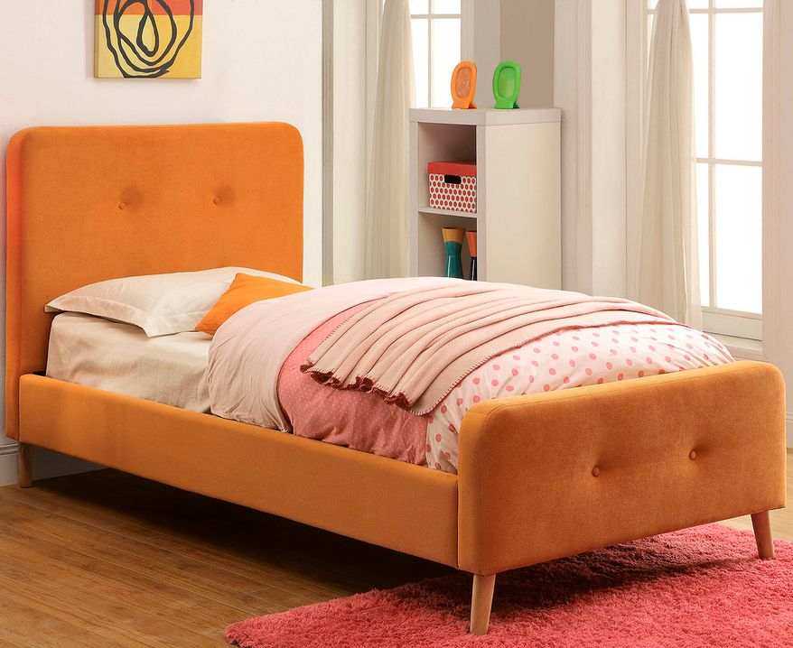 Single bed with upholstered headboard 90x200 cm Orange Button Tufted Flannelette Orange