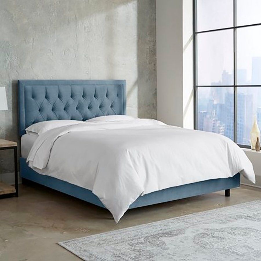 Double bed with upholstered headboard 160x200 cm blue Alix Steel Blue