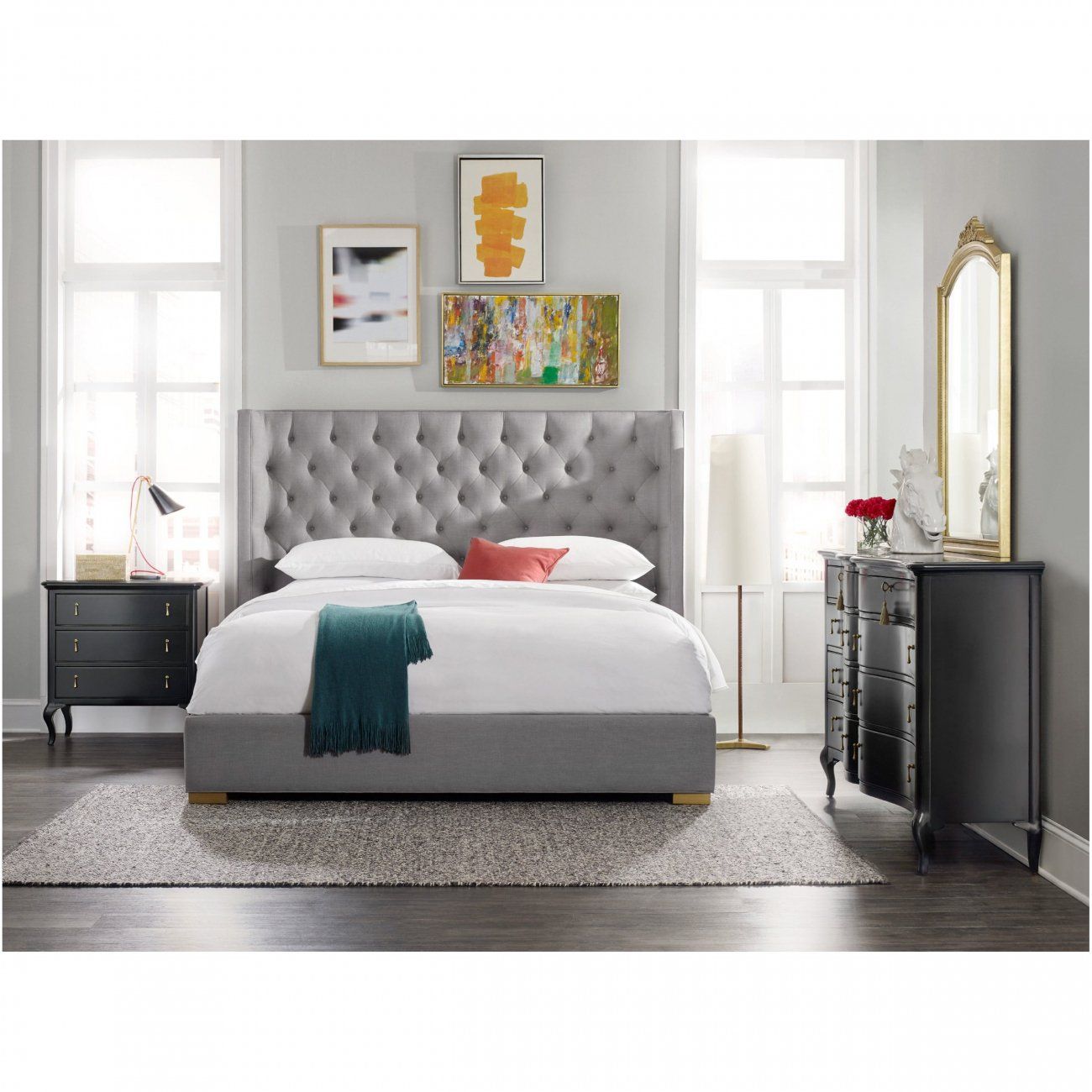 Double bed with upholstered headboard 160x200 cm gray Hamel