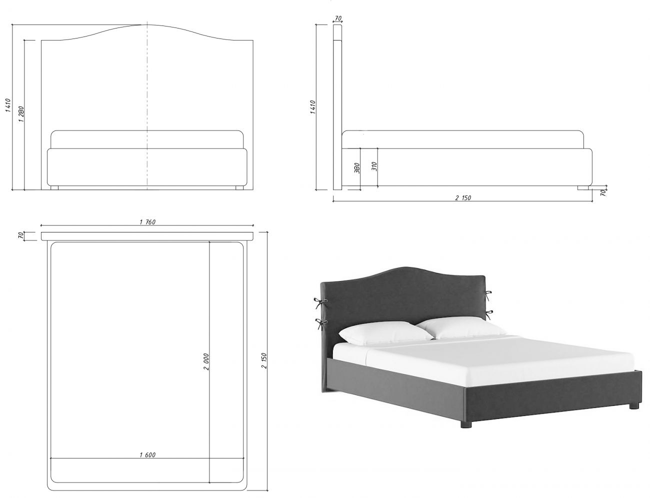 Double bed 160x200 grey Eloise