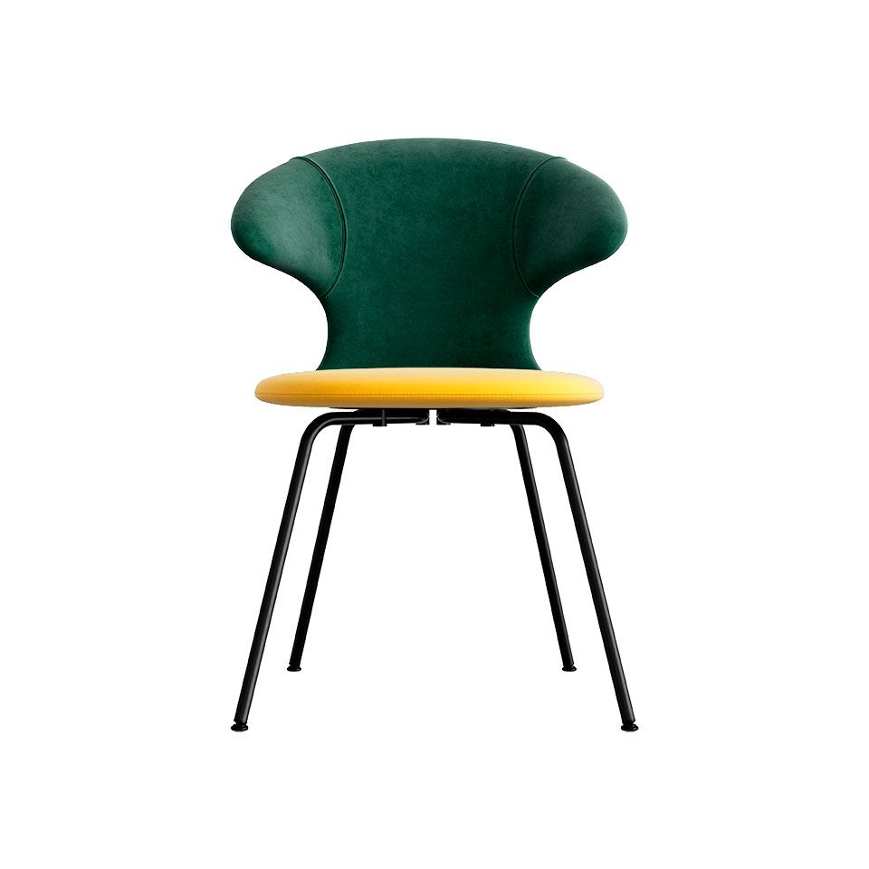 Time Flies chair, black legs, velour/ polyester upholstery yellow/green