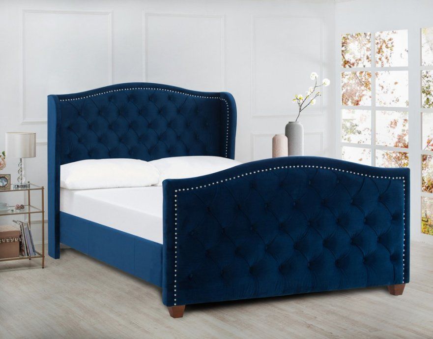 Кровать двуспальная с мягким изголовьем 160х200 см синяя Marcella