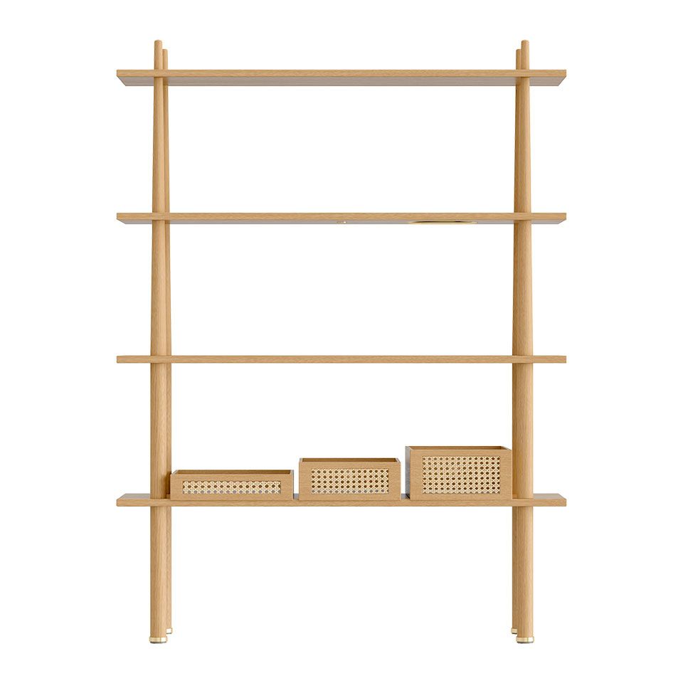 Shelving Stories 4 shelves, oak, incl. 3 wicker boxes and brass plate