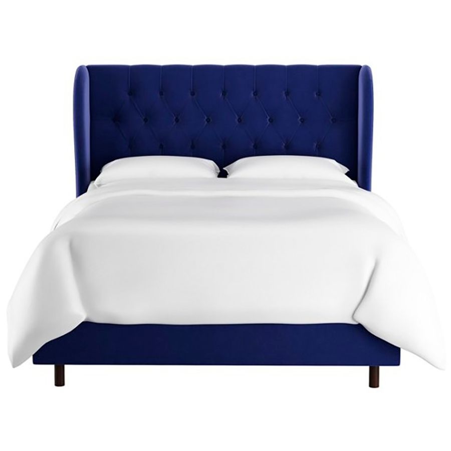 Double bed with upholstered headboard 160x200 cm blue Reed Wingback Blue Velvet